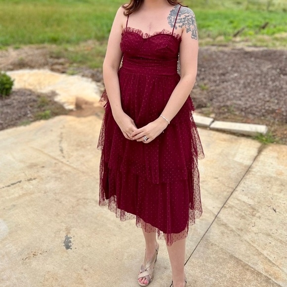 Lulu’s Red (Wine) Sweetheart Style Black Polka Dot Bustier Midi Dress, size M - Picture 1 of 5